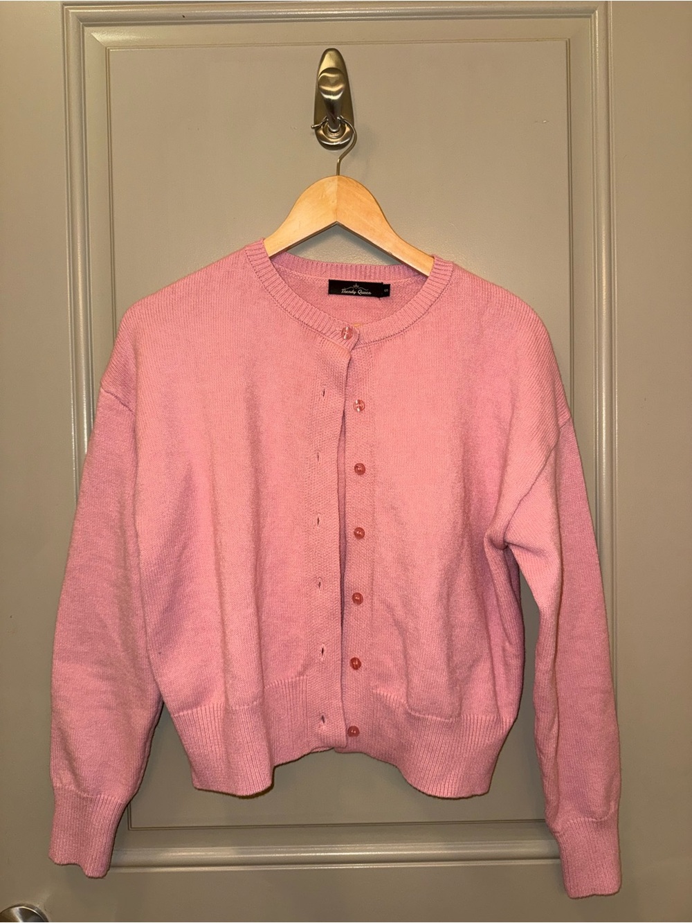 Light Pink Button-Front Crewneck Cardigan